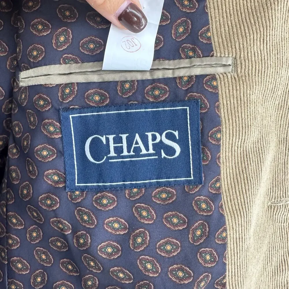 CHAPS Men’s 38R Corduroy Blazer Tan Brown Elbow Patches Professor Sport Coat